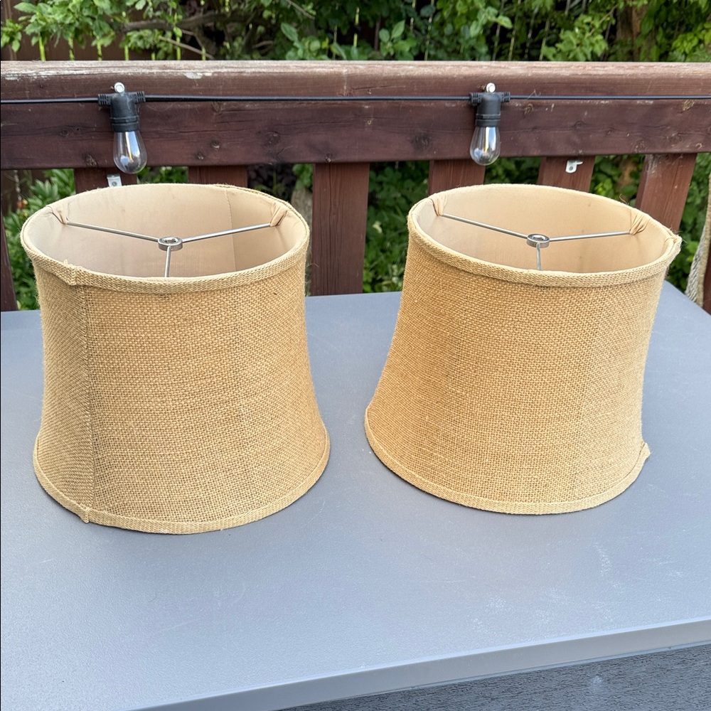 Boho  Tan Burlap Lamp Shades X2  10”x 9.5” high in excellent condition